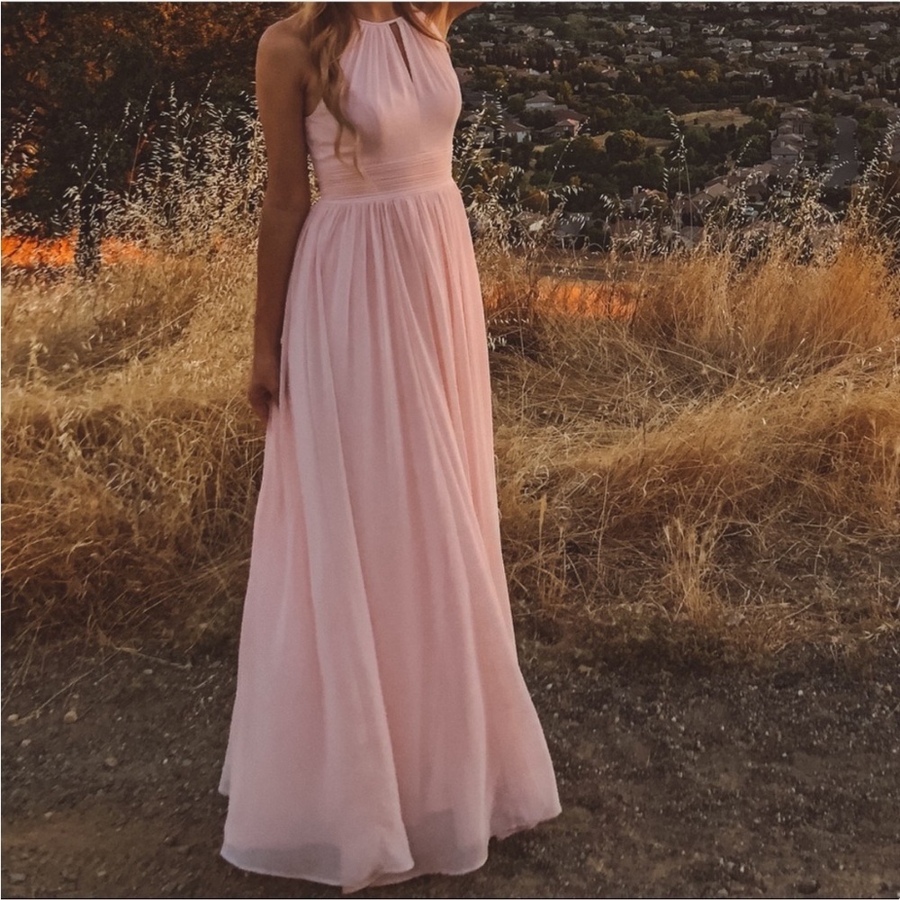 Bill Levkoff Chiffon A-Line Halter Pleated Maxi Dress Bridesmaid Event Mauve 18
